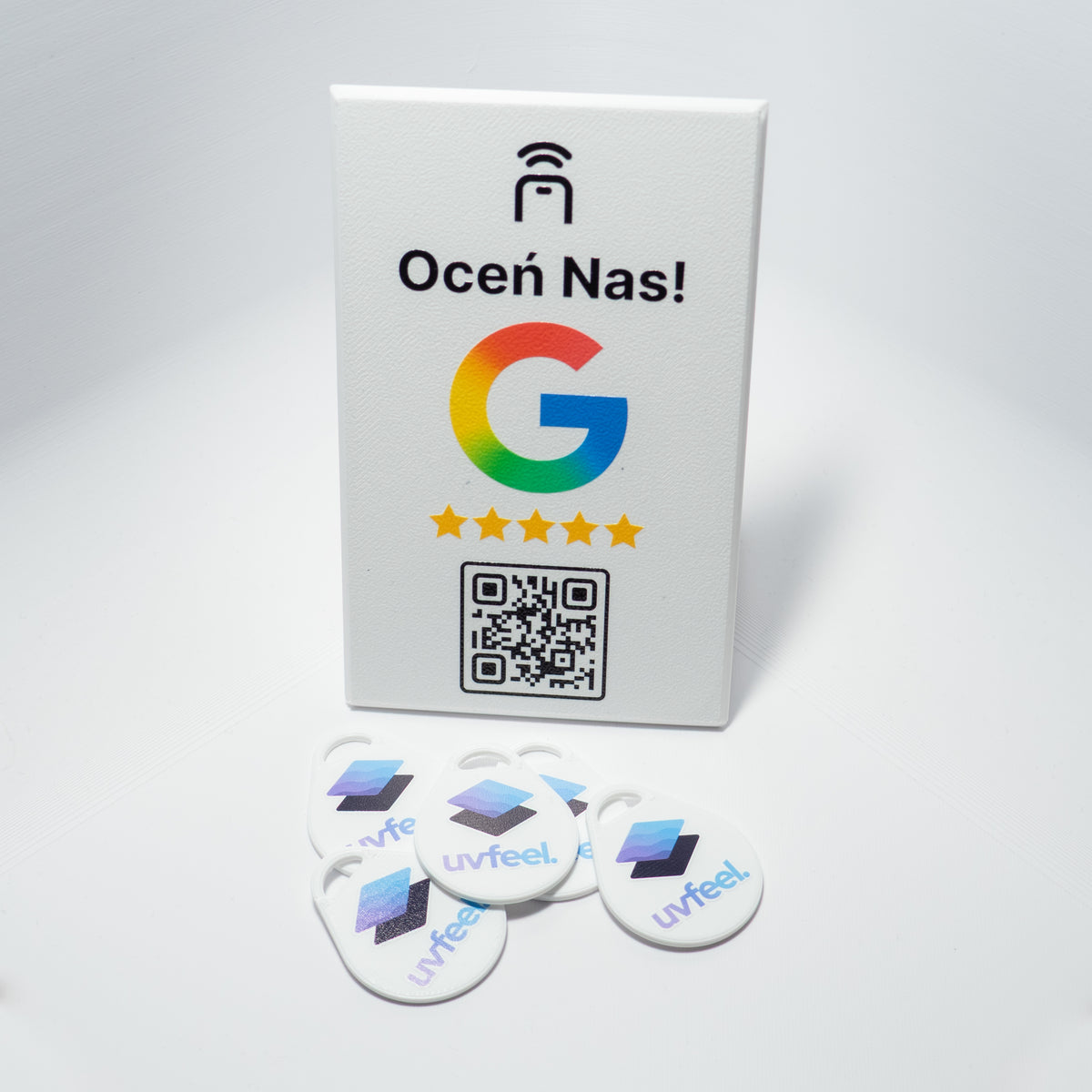Pakiet Google Review – stand + 5 breloków NFC