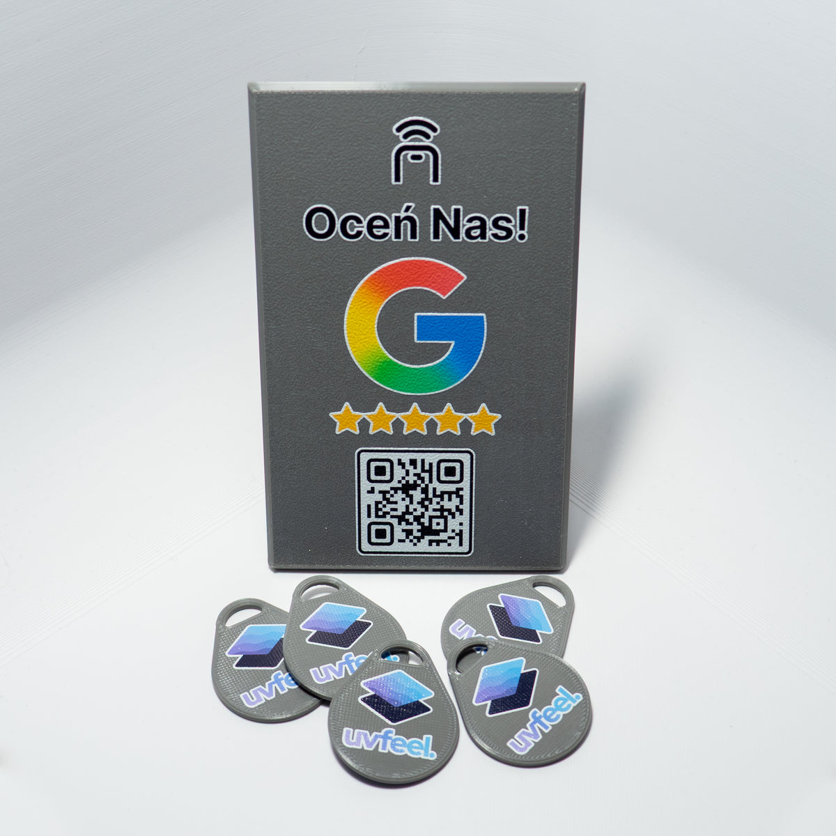 Pakiet Google Review – stand + 5 breloków NFC